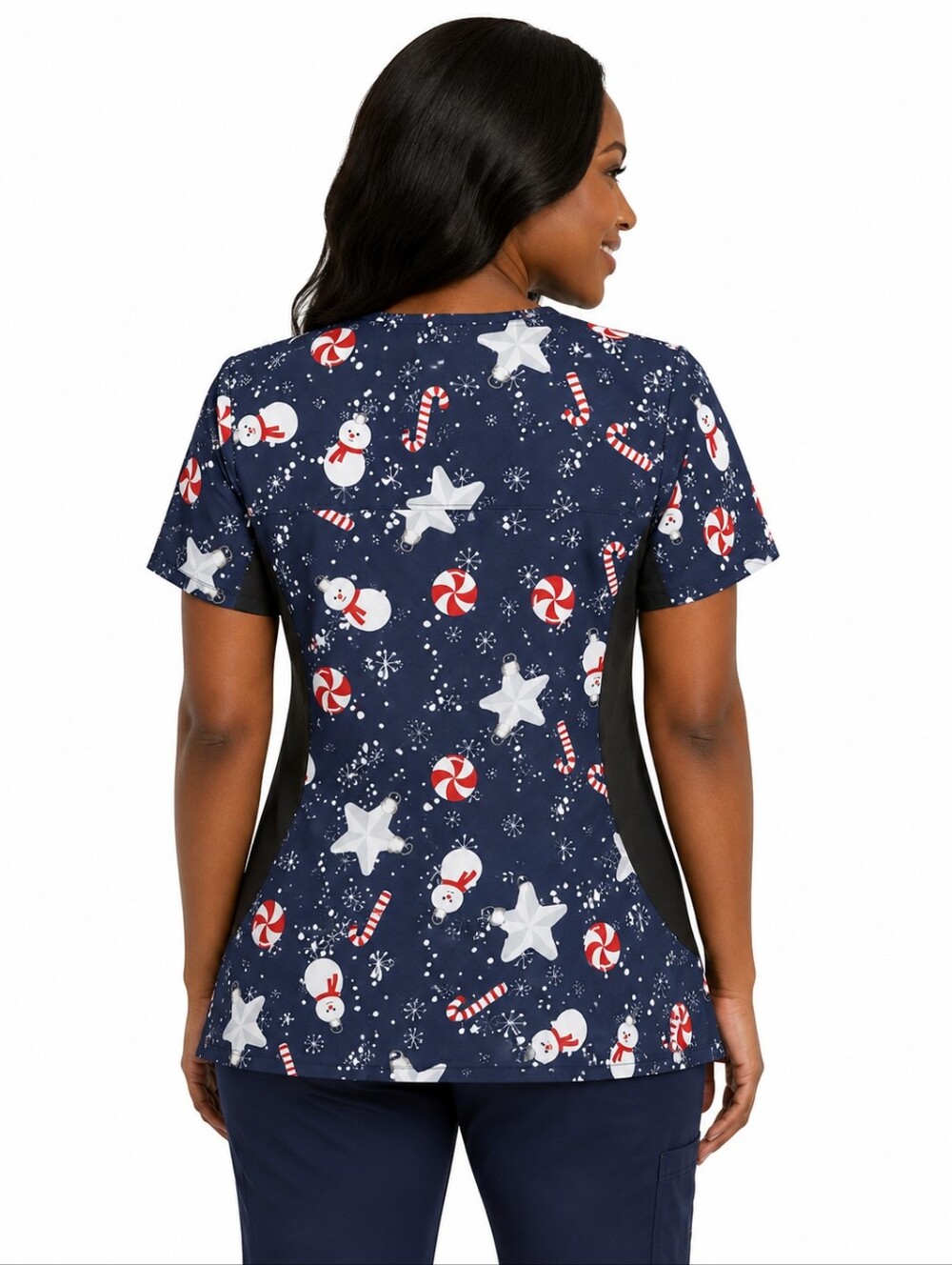 REVEL MEDICAL SCRUB TOP - Navy, Red, White - Candy Canes Snowman SIZE Medium NWT - Picture 3 of 13